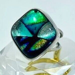 Adjustable Sterling Silver Ring Iridescent Dichroic Glass in Teal Green Size 6